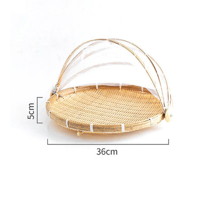 Bamboo Woven Food Cover Basket – Anti-Mosquito Net, Fruit Vegetable Storage with Mesh Cover for Outdoor Picnic