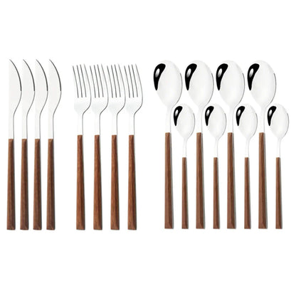 16/24/30 Piece Stainless Steel Cutlery Set with Imitation Wooden Handle – Modern Western Dinnerware, Knives, Forks, Tea Spoons & Tableware Clamp