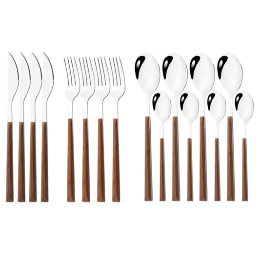 16/24/30 Piece Stainless Steel Cutlery Set with Imitation Wooden Handle – Modern Western Dinnerware, Knives, Forks, Tea Spoons & Tableware Clamp