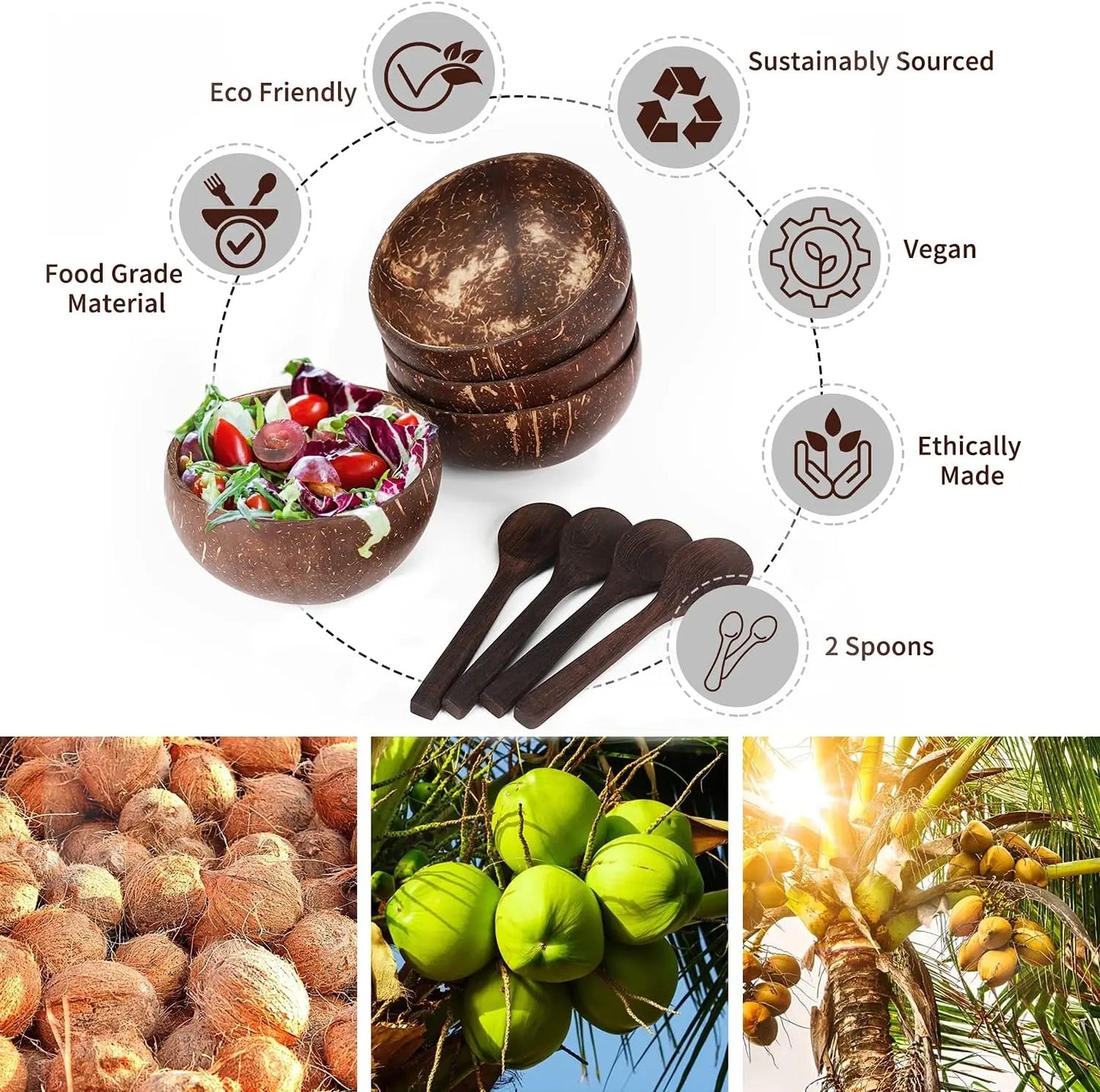 Natural Coconut Shell Bowls – Wooden Salad & Serving Bowls with Utensils | Eco-Friendly, Reusable for Breakfast, Parties & Dining