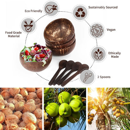 Natural Coconut Shell Bowls – Wooden Salad & Serving Bowls with Utensils | Eco-Friendly, Reusable for Breakfast, Parties & Dining