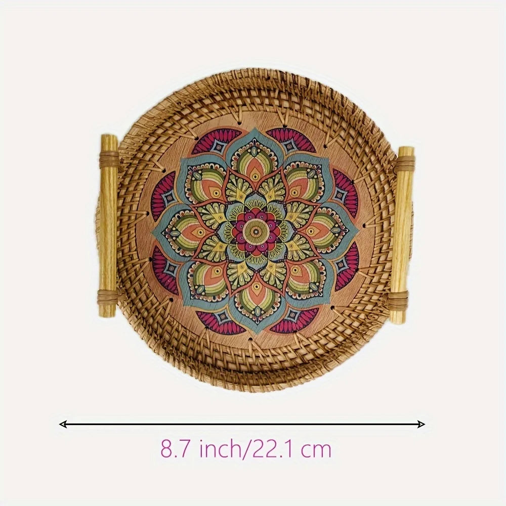Handwoven Rattan Serving Tray with Mandala Base - Boho Round Basket with Handles