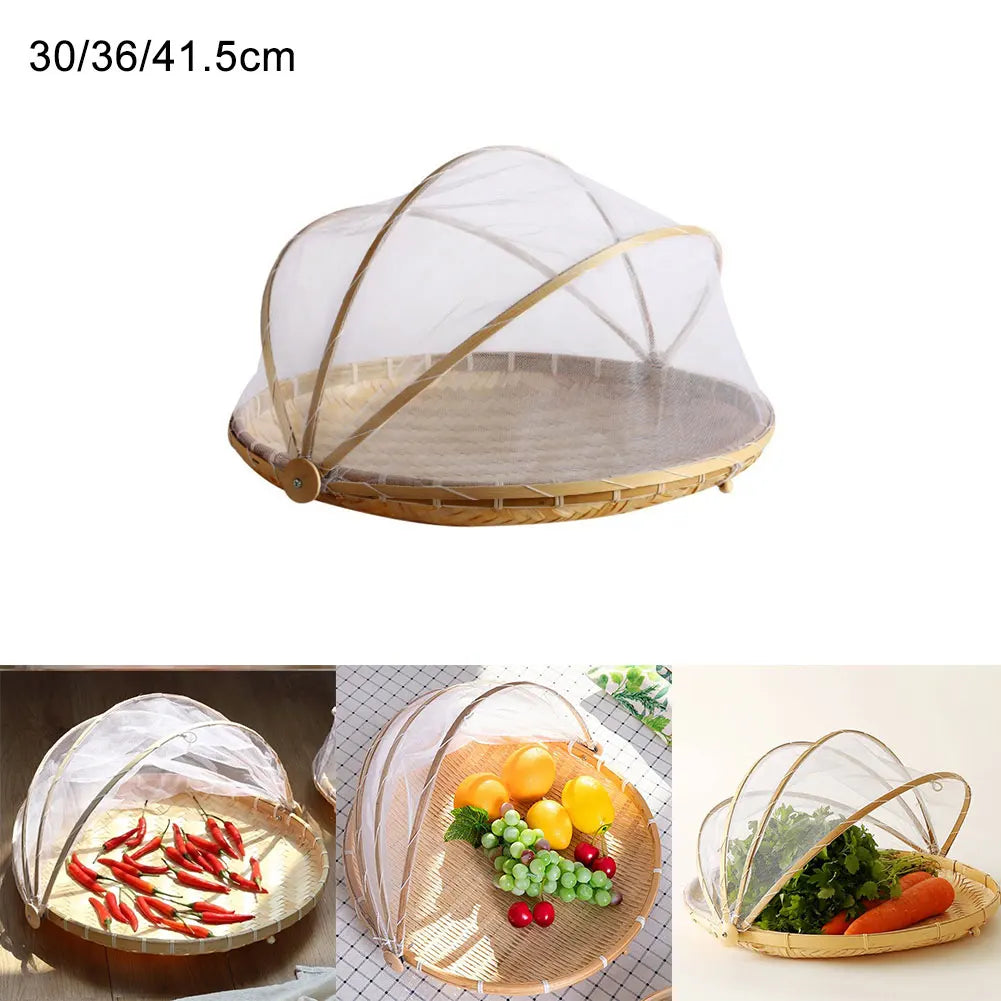 Hand-Woven Bamboo Food Serving Tent Basket with Retractable Mesh Cover (30cm) - Anti-Fly Fruit & Bread Storage