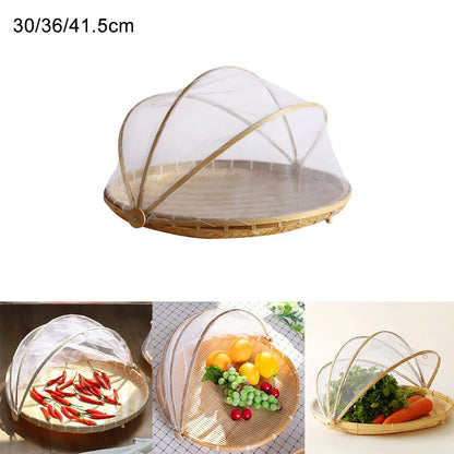 Hand-Woven Bamboo Food Serving Tent Basket with Retractable Mesh Cover (30cm) - Anti-Fly Fruit & Bread Storage