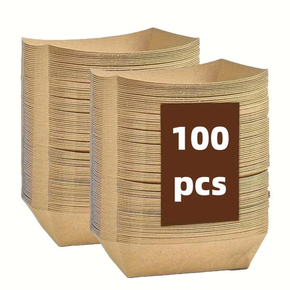 100pcs Kraft Paper Food Trays – Heavy-Duty Disposable Boat Baskets for Snacks, Fries, Tacos, BBQ Party Tableware