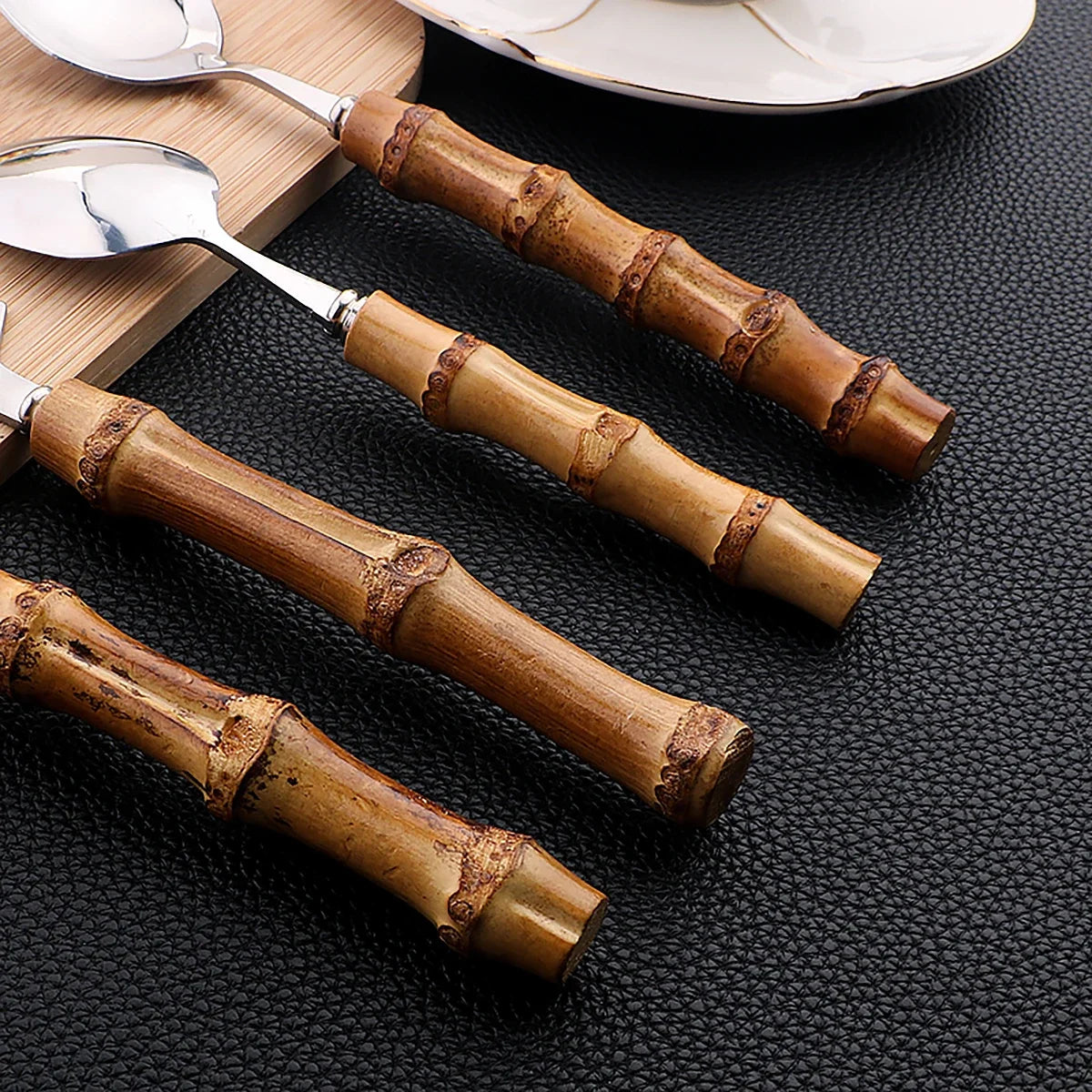 16Pcs Nature Bamboo Handle Cutlery Stainless Steel Dinnerware Sets Knife Fork Spoon Purely Natural Bamboo Tableware Set