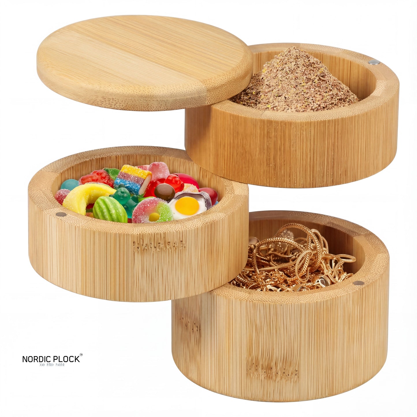 Acacia Wood Double-Layer Salt Box with Spoon - Magnetic Swivel Lid Spice Cellar