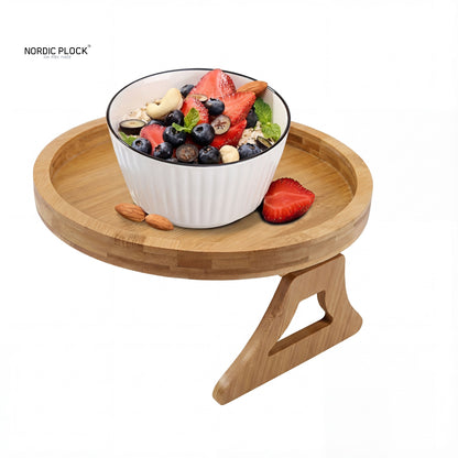 Round Bamboo Sofa Arm Tray Table - Clip-On Couch Armrest Organizer with Spill-Proof Lip - Natural Wood Snack & Drink Holder for Wide/Round Arms
