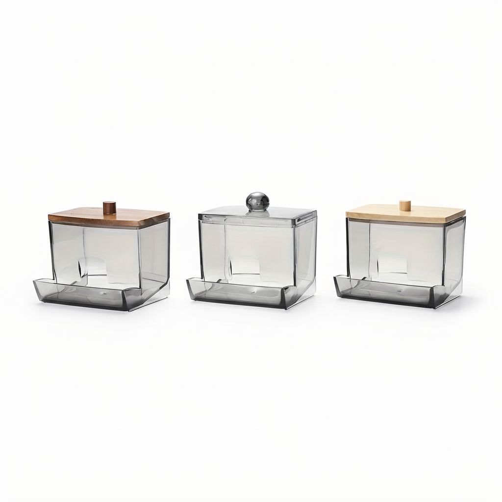 Acrylic Q-Tip Dispenser with Bamboo Lid - Automatic Gravity Drop Cotton Swab Organizer & Storage Box