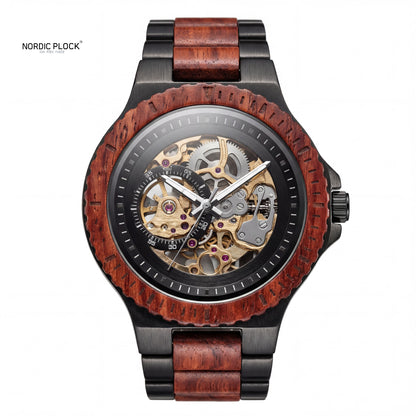 Mechanical Wood Watch | Automatic Skeleton Dial | Custom Engraved Side Plate | Ebony & Red Sandalwood | Nordic Plock
