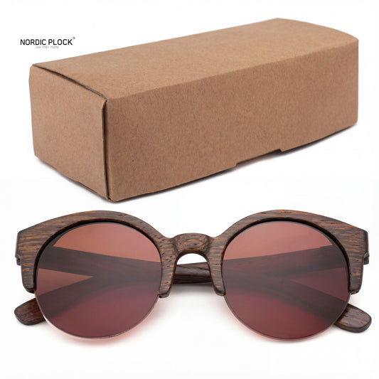 Handcrafted Walnut Wood Sunglasses - Polarized Round Semi-Rimless Vintage Eyewear