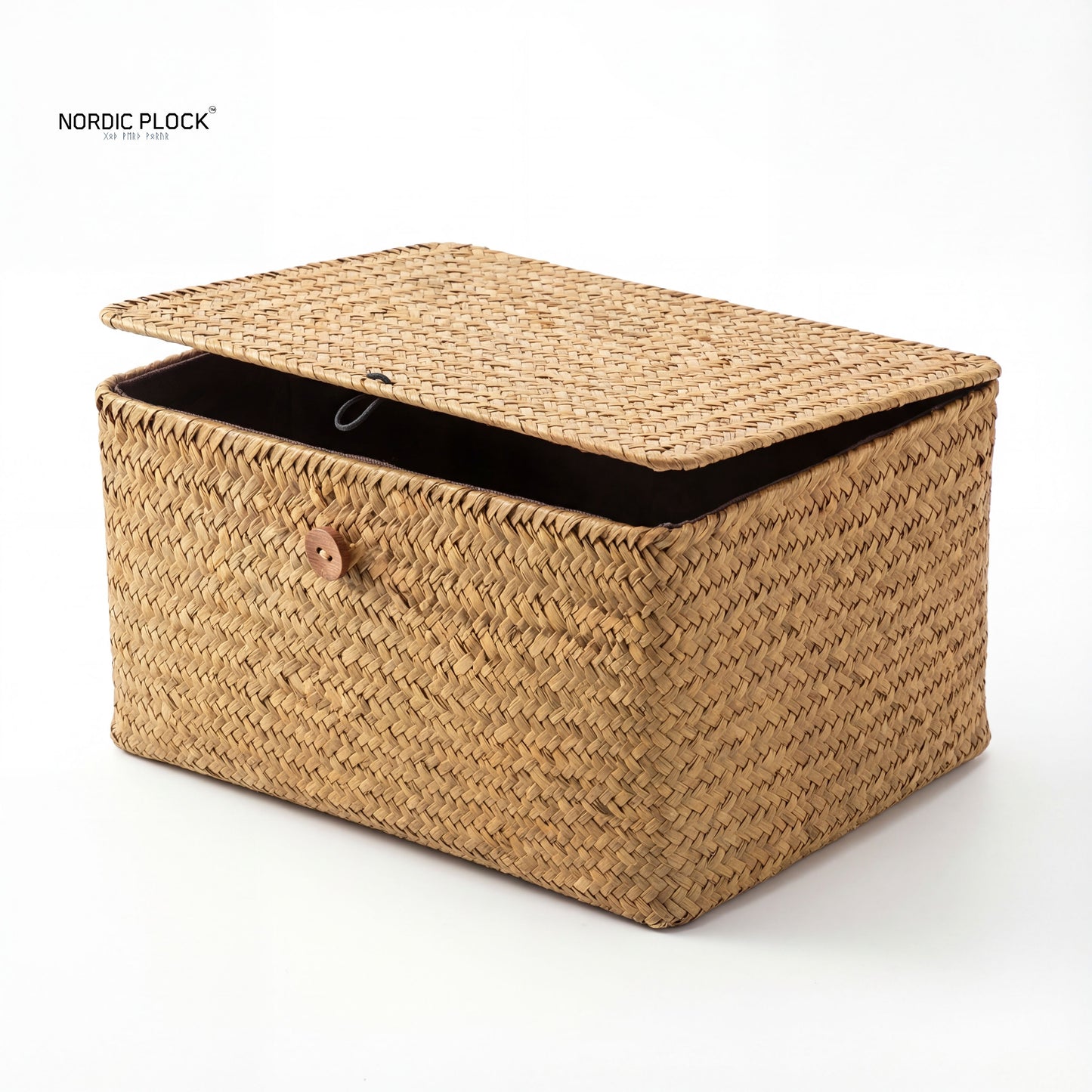 Handwoven Seagrass Storage Basket with Lid, Rectangular (Natural Brown) - Rustic Home Organizer Box