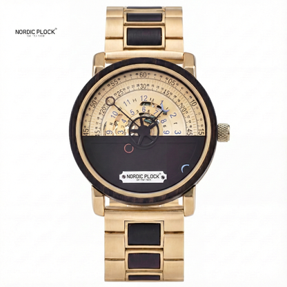 Automatic Mechanical Wood Watch - Unique Half-Blue Dial & Skeleton Gear Design