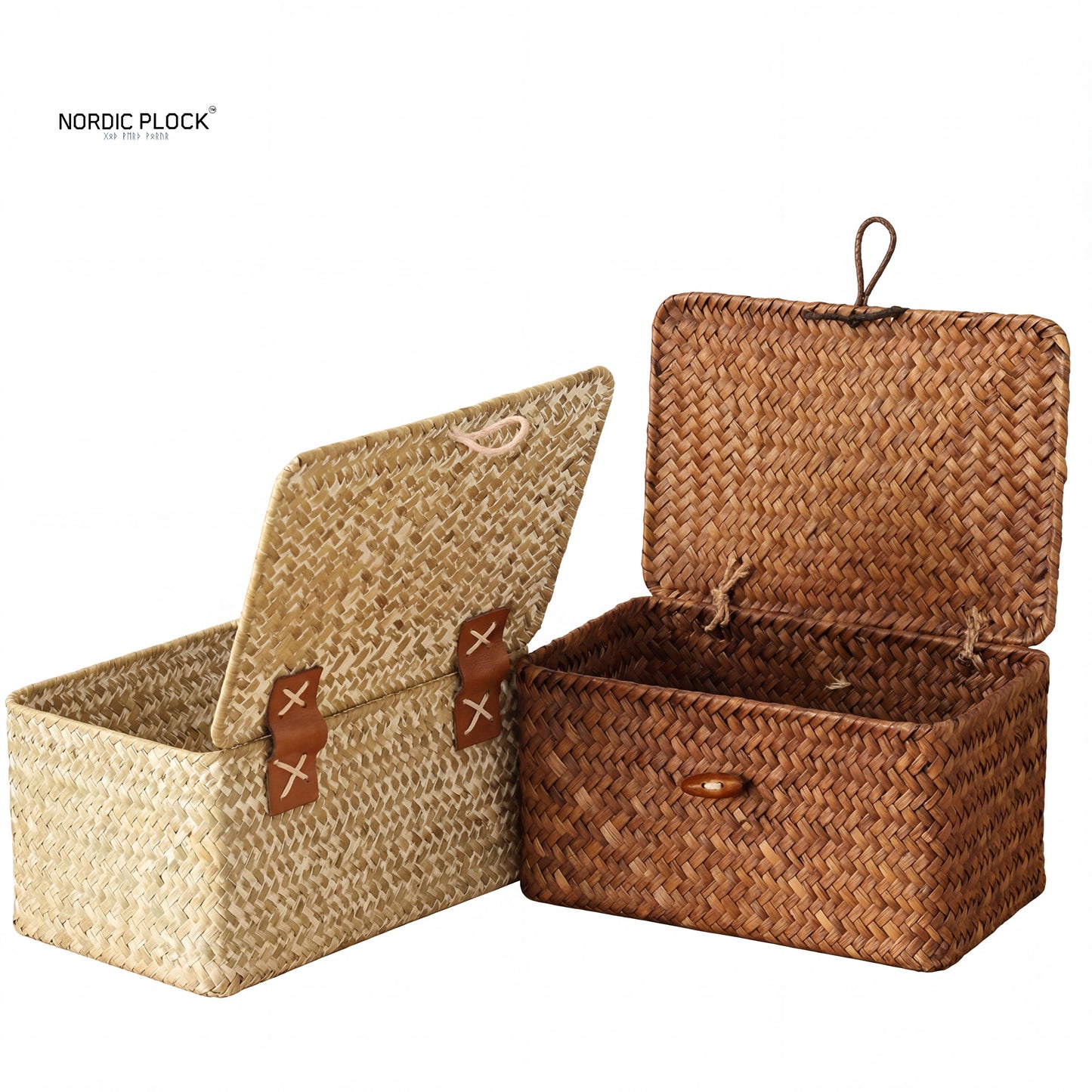 Handwoven Seagrass Storage Basket with Lid, Rectangular (Natural Brown) - Rustic Home Organizer Box