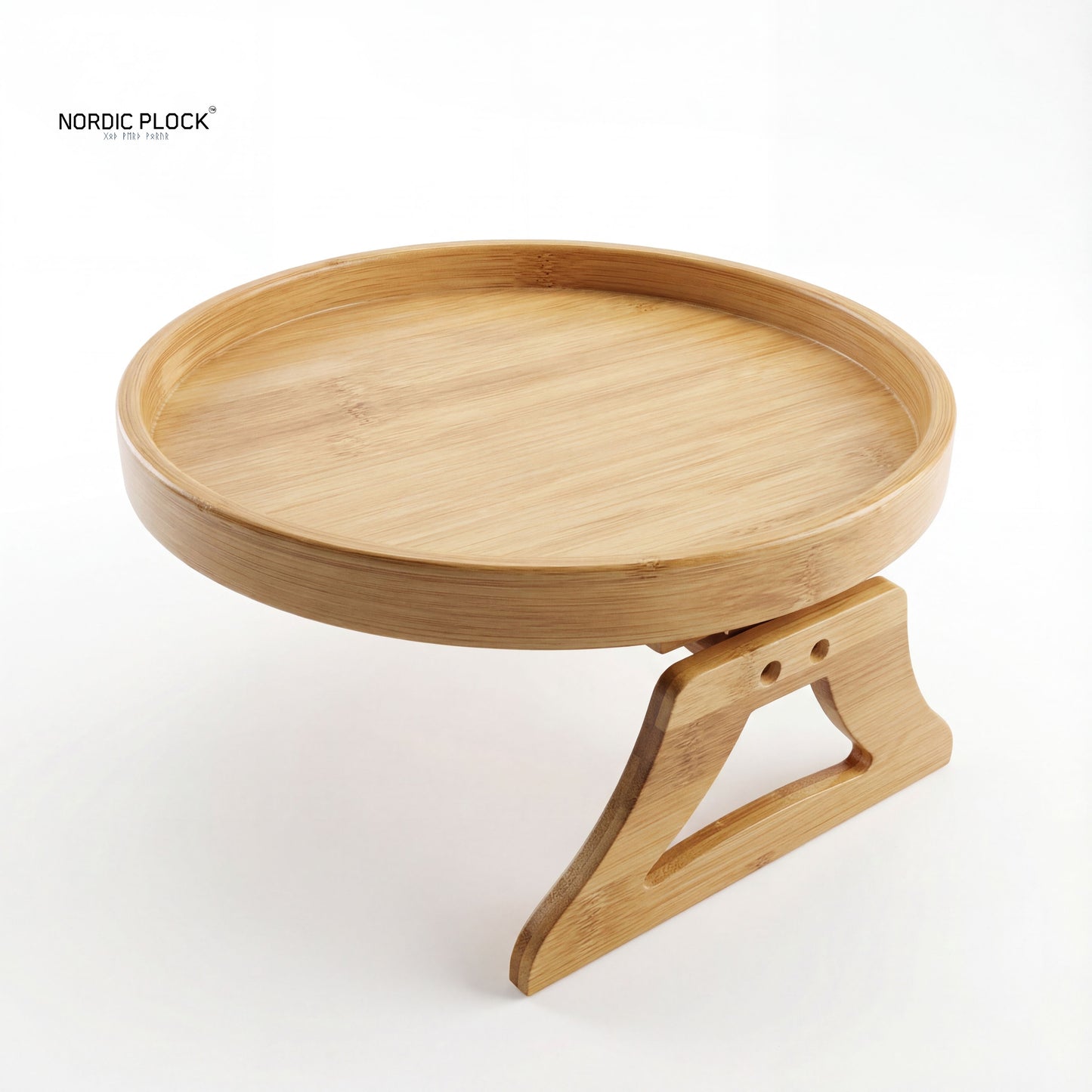 Round Bamboo Sofa Arm Tray Table - Clip-On Couch Armrest Organizer with Spill-Proof Lip - Natural Wood Snack & Drink Holder for Wide/Round Arms