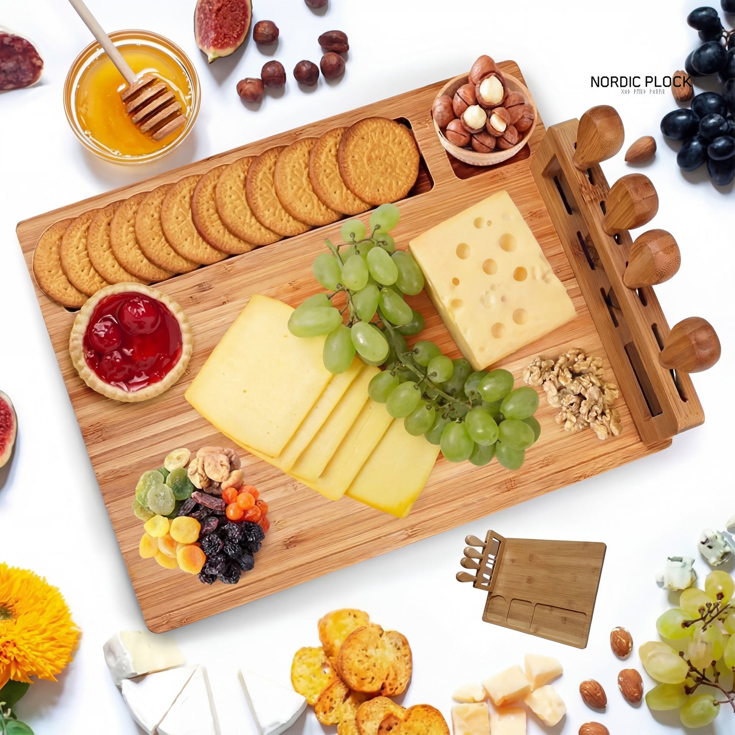 Bamboo Cheese Board Set & Knife Stand - 4 Stainless Steel Serving Tools - Large Charcuterie Platter with Cracker Groove - Eco-Friendly Hosting Essential