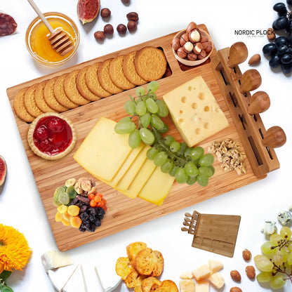 Bamboo Cheese Board Set & Knife Stand - 4 Stainless Steel Serving Tools - Large Charcuterie Platter with Cracker Groove - Eco-Friendly Hosting Essential