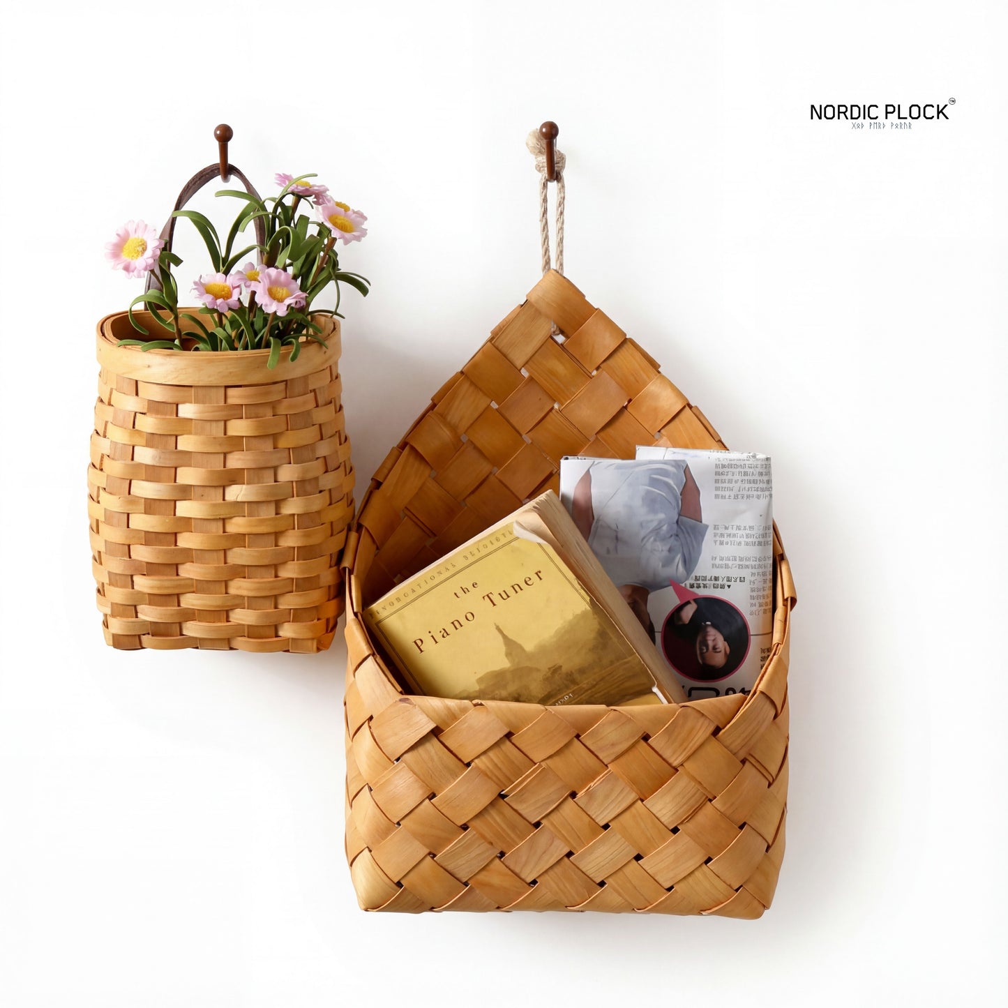 Nordic Woven Wood Chip Wall Hanging Basket - Rustic Farmhouse Storage Pocket & Planter - Natural Decoration