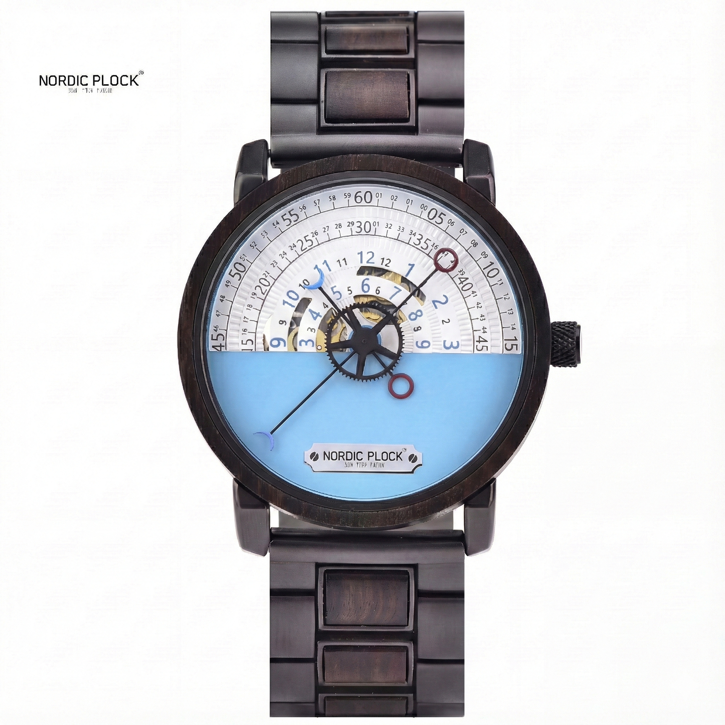 Automatic Mechanical Wood Watch - Unique Half-Blue Dial & Skeleton Gear Design