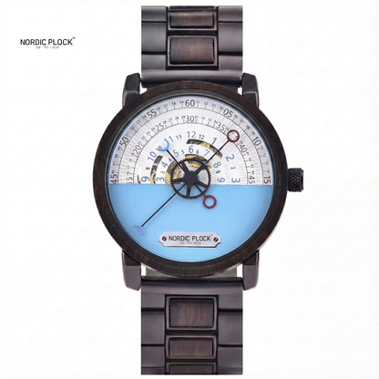 Automatic Mechanical Wood Watch - Unique Half-Blue Dial & Skeleton Gear Design