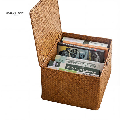 Handwoven Seagrass Storage Basket with Lid, Rectangular (Natural Brown) - Rustic Home Organizer Box