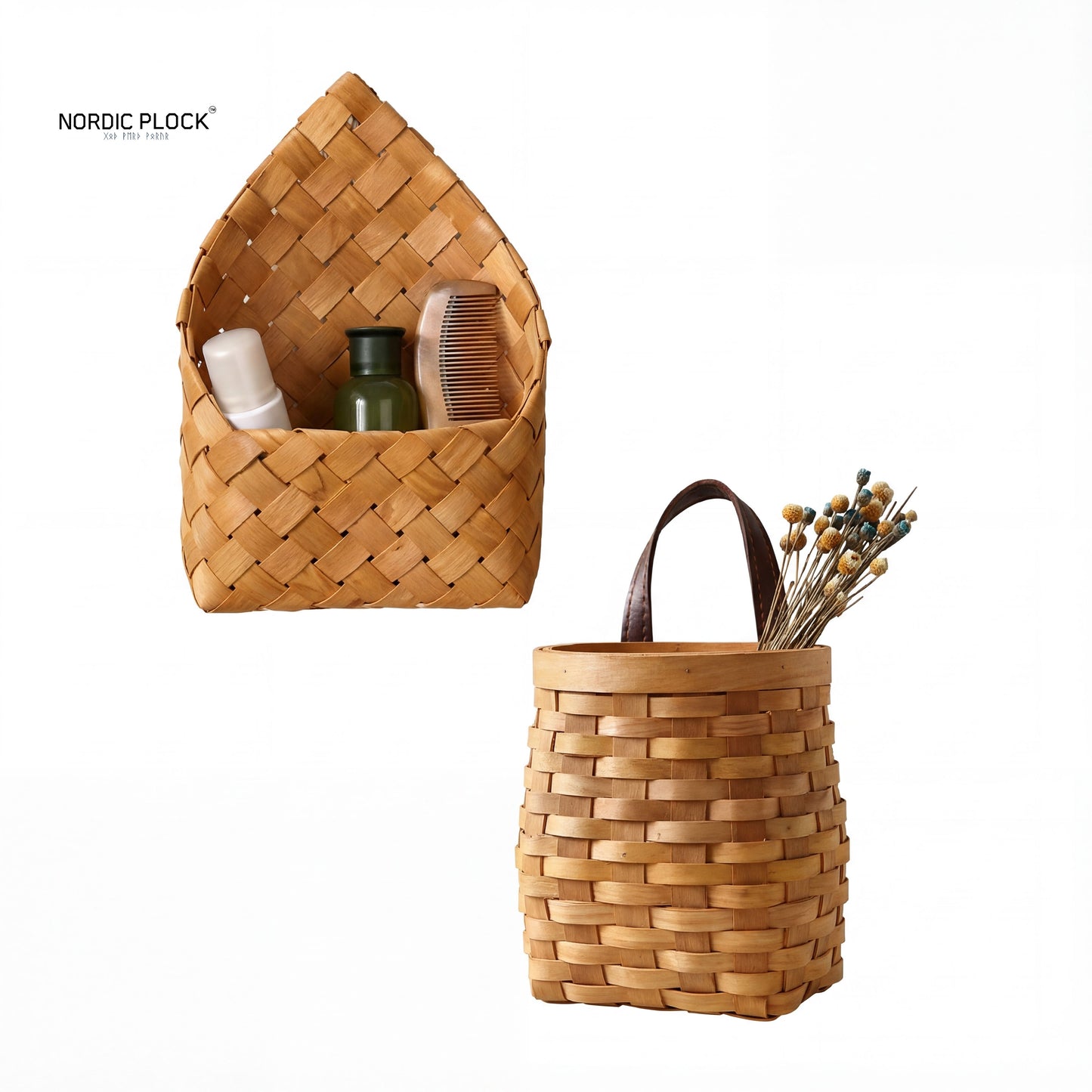 Nordic Woven Wood Chip Wall Hanging Basket - Rustic Farmhouse Storage Pocket & Planter - Natural Decoration