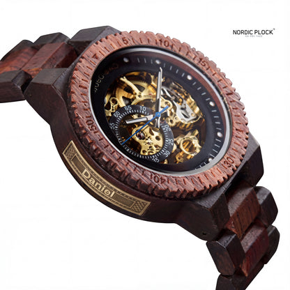 Mechanical Wood Watch | Automatic Skeleton Dial | Custom Engraved Side Plate | Ebony & Red Sandalwood | Nordic Plock