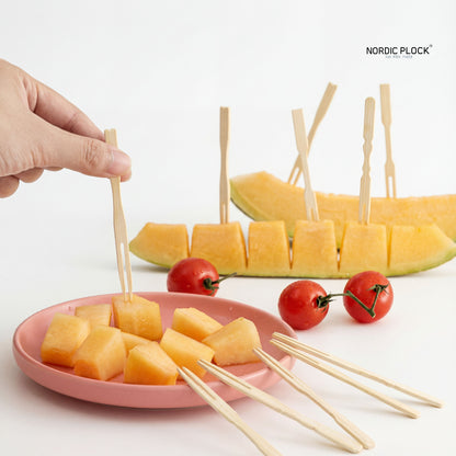 100x Eco-Friendly Bamboo Fruit Forks - Two-Prong Mini Appetizer Picks - Sustainable Cocktail & Party Utensils
