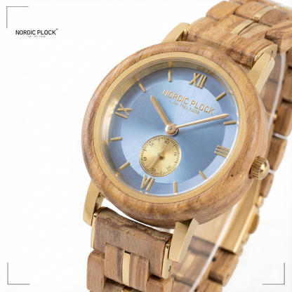 Women's Tiger Wood Watch - Blue Dial & Gold Links - Luxury Quartz Gift Box Set (GT025)