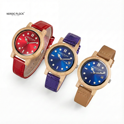 Women's Bamboo Wooden Watch - Red/Blue Dial & Leather Strap - Lightweight Quartz Date Display with Gift Box