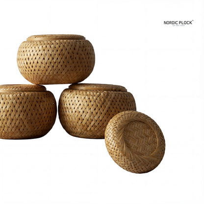 Handvävd Bambu Teburk - Dubbellagrad Förvaringsask för Te & Kryddor - Japandi Inredning