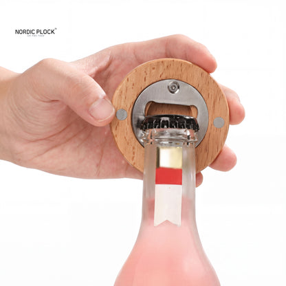 Magnetic Wood Bottle Opener & Fridge Magnet - Eco-Friendly Round Bamboo Cap Catcher - 6.5cm