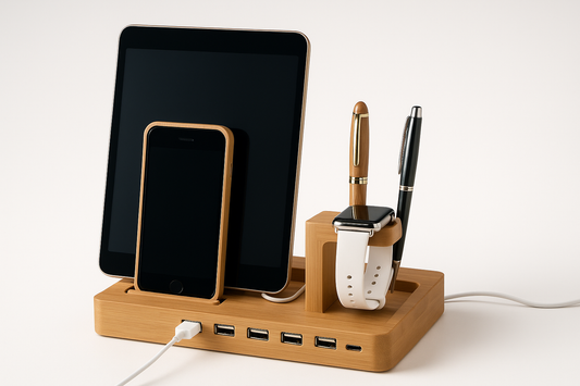 Kompatibelt laddningsställ för Apple Watch - Organiserad för flera enheter i bambu och trä